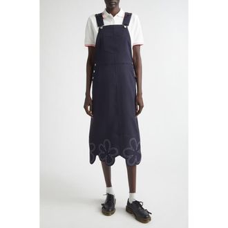 Comme Des Gar&ccedil;ons Embroidered Daisy Hem Overalls Dress in Navy at Nordstrom, Size X-Small