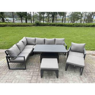 Fimous 9 Seater Aluminum Conversational Set with Lifting Table & 2 Big Stools in Dark Grey