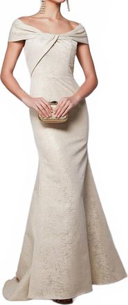 Alyce Paris Off The Shoulder Jacquard Dress In Champagne/gold