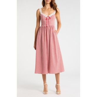 Wayf Lilibet Gingham Lace Trim Midi Dress in Red at Nordstrom, Size X-Small