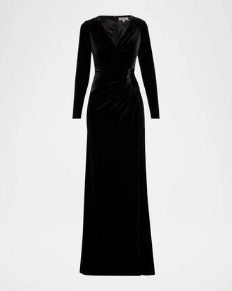 Teri Jon Velvet Beaded Accent A-Line Gown