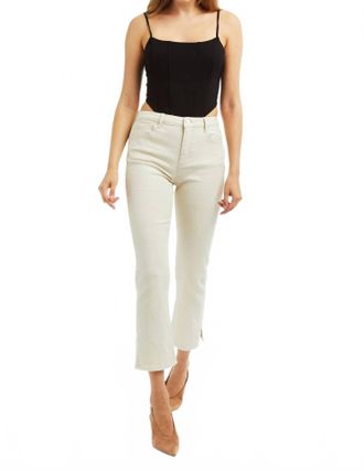 Tractr High Rise Crop Flare With Side Slit Clean Hem Stretch Lurex Twill Jeans In Cream