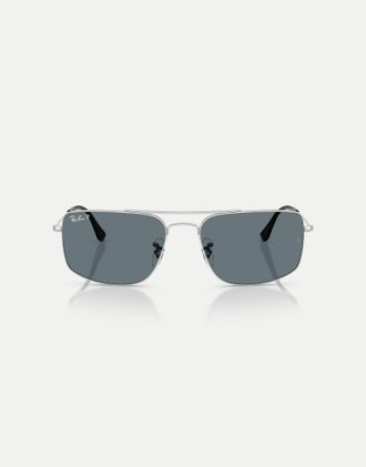 Ray-Ban Explorer III - Occhiali da sole squadrati color argento con lenti blu polarizzate