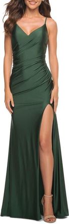 La Femme Diagonal Ruched Jersey Gown with V Neckline in Dark Emerald at Nordstrom, Size 00
