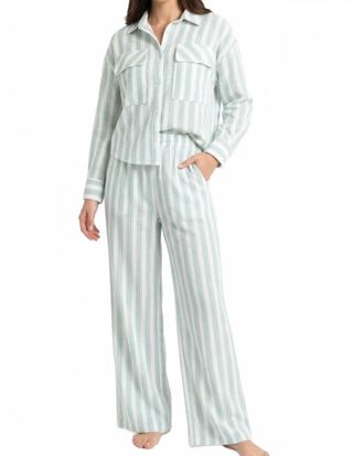 Astrid Button Front Woven Top In Green Stripe