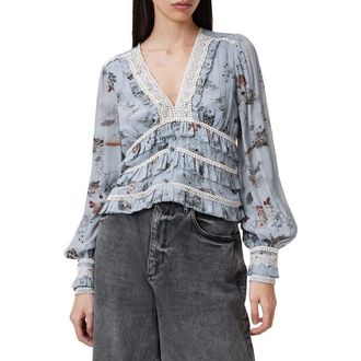 AllSaints Zora Tiered Floral Long Sleeve Top in Origin Blue Bird at Nordstrom, Size 4 Us