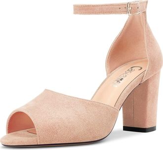 Castamere Women Chunky Block High Heel Peep Open Toe Sandals Ankle Strap Wedding Cute 8 CM Heels Beige Suede 10.5 UK