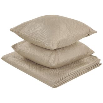 Beliani Colcha De Poli&eacute;ster Gris Pardo 160 X 220 Cm Manta Cojines Patr&oacute;n En Relieve Cl&aacute;sico Dormitorio Shush