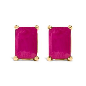 House of Brilliance 14K Gold 6x4MM Emerald Shaped Gemstone Solitaire Stud Earrings in Red Ruby | Yellow at Nordstrom