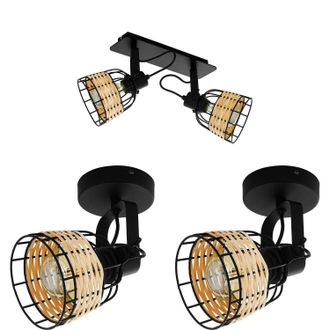 Loops Twin Ceiling Spot Light & 2x Matching Wall Lights Black Wicker Shade Moving Head