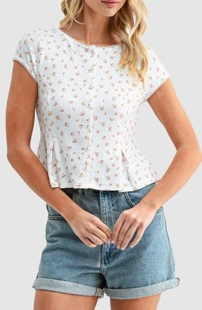 All in Favor Floral Pointelle Stitch Peplum Button-Up Top in Cream Ditsy at Nordstrom, Size X-Small