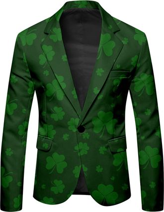 Generic St. Patricks Day Mens Suits Outfits Formal Lapel Leprechaun Print Button Down Long Sleeve Tunics Shirt Blazers Suit Fancy Dress Leprechaun Costume Gre