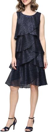S.L. Fashions Metallic Tiered Sleeveless Dress with Jacket in Navy at Nordstrom, Size 14