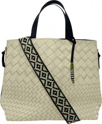 Kempton & Co. Bantham Tote In Sand Distressed Threaded Weave Leather With Navy Sides