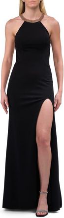 La Femme Evening Dress with Gold Beaded High Neckline in Black at Nordstrom, Size 00