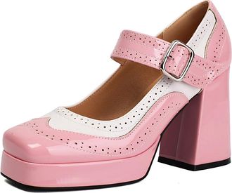 Generic Womens Patent Leather Mary Janes Chunky High Heel Platform Pumps Ankle Strap Party Prom Dress Shoes with Buckle,Pink,6.5 UK