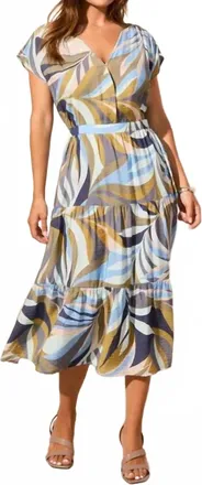 Tribal Short Sleeve V Neck Tiered Dress In Loden