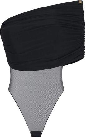 Elisabetta Franchi Bodysuit met &eacute;&eacute;n schouder en draperie - Dames - Bodies - Zwart - M - Tule - Tops