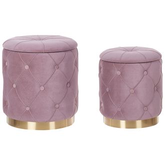 Beliani Beliani - Conjunto De Pufs Con Almacenaje Tapizados En Terciopelo De Poli&eacute;ster Rosa Con Base Dorada Dise&ntilde;o Retro Pueblo