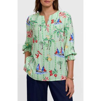 Foxcroft Alicia Resort Stripe Popover Top in Green Multi at Nordstrom, Size X-Large