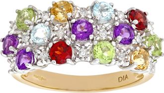 Jewelco London 9ct Gold Diamond Amethyst 3 Row Multi Colour Rainbow Dress Ring - PR0AXL6445YMULTI