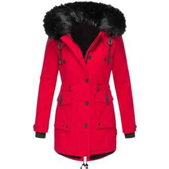 Generic Winter Coats for Women UK Thermal Fleece Lined Thickened Coats with Faux Fur Hood Full Zip Padded Puffer Coat Warm Soft Plush Parka Jackets(Red, XXXXL