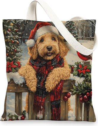 Generic Christmas Golden Doodle Dog Canvas Tote Bag for Shopping 13x15, Xmas Farmhouse Cardinal Puppy Reusable Grocery Print Bag for Women, Holiday Pet Beach 