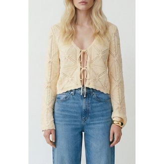 Vero Moda Lola Tie Front Pointelle Knit Cotton Cardigan in Birch at Nordstrom, Size X-Large