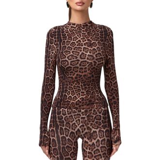 Naked Wardrobe Print Turtleneck Top in Brown Leopard at Nordstrom, Size Small
