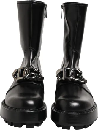 Dolce & Gabbana Black Logo Plaque Mid Calf Biker Boots Mens Shoes