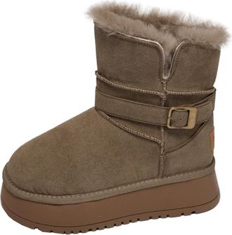 Generic Women plush outward turned winter thick soled snow boots with a middle tube and thick plush insulation cotton shoes (khaki,5.5)