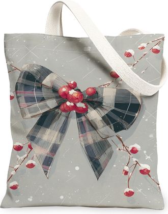 Generic Christmas Bow Canvas Tote Bags, Elegant Floral Design Reusable Grocery Bags, Winter Vintage Lightweight Washable Shoulder S, Gray, 13x15 Inch