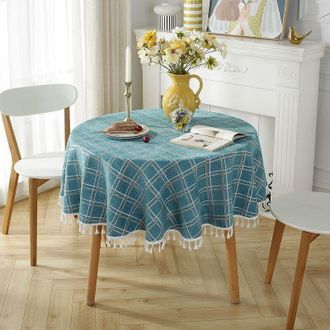 OEM Tovaglia Rotonda In Cotone E Lino Con Frange Antimacchia, Proteggi Tavolo Lavabile, 140x140 Cm -crezuo