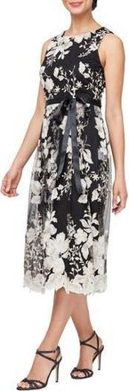 Alex Evenings Floral Embroidered Midi Dress in Black/Chai at Nordstrom Rack, Size 12