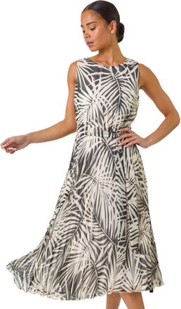 Roman Womens Petite Leaf Print Pleated Midi Dress - Black - Size 18 UK