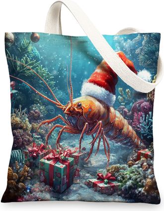 Generic Ocean Christmas Shrimp Canvas Tote Bag for Shopping 13x15, Fun Sea Coastal Xmas Sealife Reusable Grocery Print Pattern Bag for Women Men, Holiday Beac