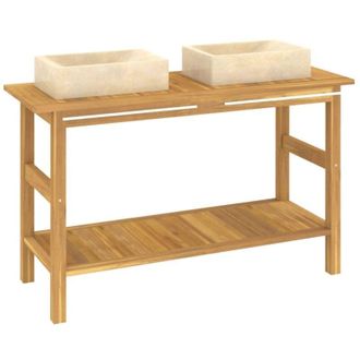 vidaXL Tocador De Ba&ntilde;o Madera Maciza De Teca Con Lavabos M&aacute;rmol Crema Vidaxl