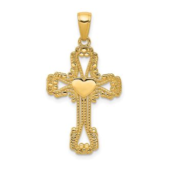 Diamond2Deal 14k Yellow Gold Beaded Cross with Heart Pendant