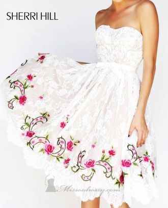 Sherri Hill Sadie Robertson Collab Lace Tea Length Party Dress In Ivory/fuchsia