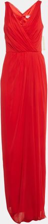 Badgley Mischka Red Silk Pleated Sleeveless Gown