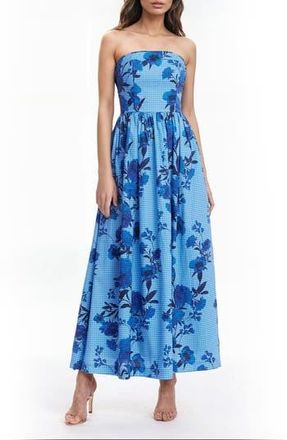 Badgley Mischka Strapless Maxi Dress in Blue Multi at Nordstrom Rack, Size 14