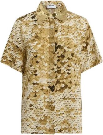 Moschino Overhemden, Dames, Geel, L, Pailletten, Cr&ecirc;pe de chine shirt met print