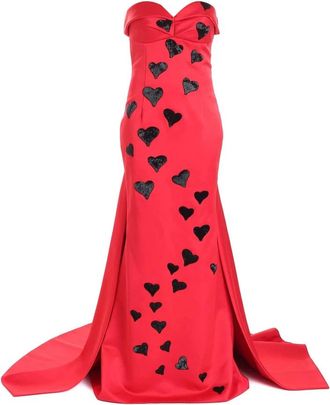 Moschino Glamoureuze Hearts Lange Jurk - Dames - Avondkleed - Rood - M - Polyester - Kleedjes