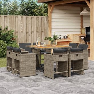 vidaXL Set Comedor Jard&iacute;n 9 Pzas Y Cojines Rat&aacute;n Sint&eacute;tico Gris Vidaxl