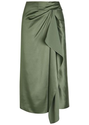 Erdem Draped Satin Midi Skirt - Khaki - 14 (UK14 / L)