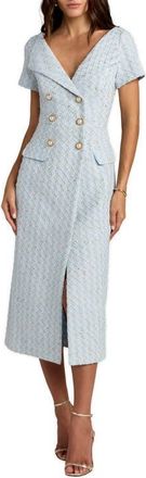 Mac Duggal Boucl&eacute; Cap Sleeve Belted Fitted Midi Dress in Powder Blue at Nordstrom, Size 12