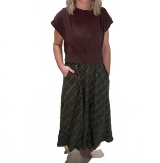 Merci Gracyn Mixed Media Midi Dress In Olive Multi Plaid
