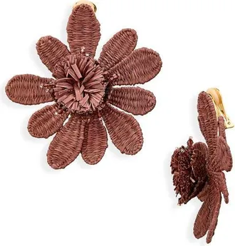 Oscar De La Renta Large Flower Woven Raffia Clip-On Earrings in Mauve at Nordstrom