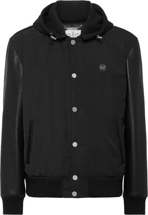 Philipp Plein Nylon & Leather Varsity Bomber Jack met Capuchon - Heren - Zomerjassen - Zwart - M - Nylon - Jassen