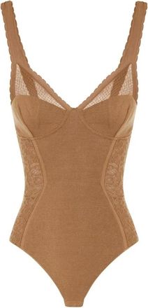 Elisabetta Franchi Tops, Dames, Bruin, XS, Katoen, Bodysuit in knit and lace fabric